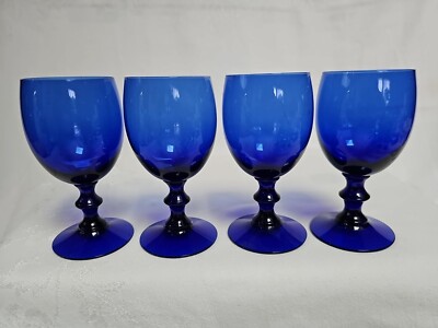 4 Vtg Nybro Cobalt Blue Wine Glasses 6 oz  5''T Sweden Beautiful EUC