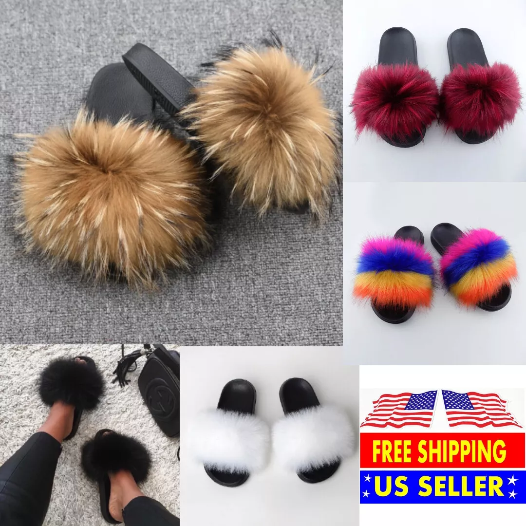 Faux Fur Slides Fuzzy Fluffy Slippers Flat Soft Sandals Open Toe