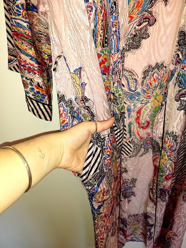 Vintage Silky Kimono Dressing Gown Pink Black Stripe Paisley M L Pattern Print - Picture 10 of 11