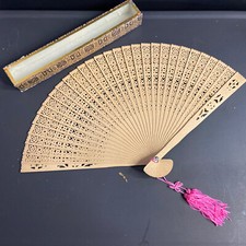 Vintage Wooden Cutout Folding Fan in Original Glass Top Box Pink Tassel