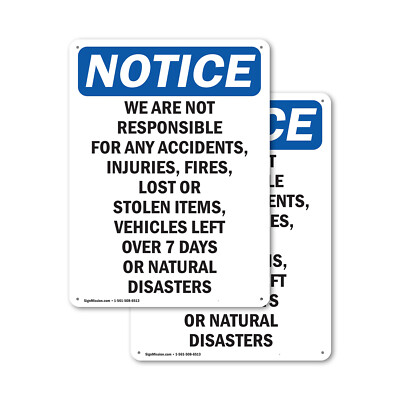 (2 Pack) We Are Not Responsible For Accidents OSHA Notice Sign Decal Metal