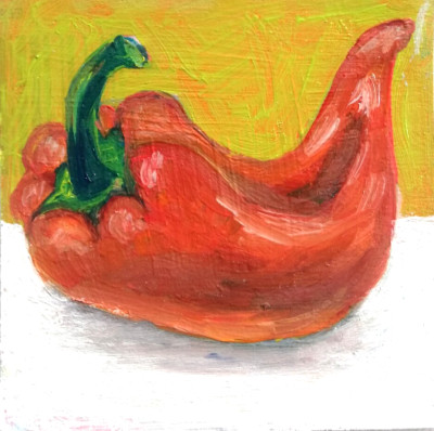 Still Life Red Pepper Oil Painting, Original Miniature, No Frame. 11x11 cm