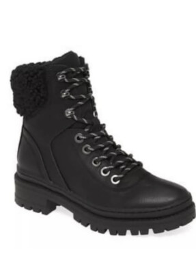 Steve Madden Keystone Faux Fur Trim Lace Up Boot 9.5 NEW Black