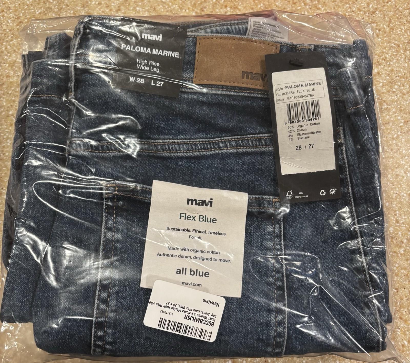 MAVI FLEX AZUL PALOMA MARINO TIRO ALTO PIERNA ANCHA JEANS 28x27 TOTALMENTE NUEVOS CON ETIQUETAS