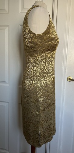 True Vintage ETAM 1990s Gold Baroque Jacquard Bodycon Dress UK 10-12 Petite - Picture 5 of 14