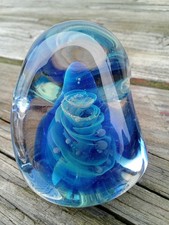 Signed Seegers & Fein 1997 Art Glass Freeform Paperweight Blue Galaxy 3 IN.