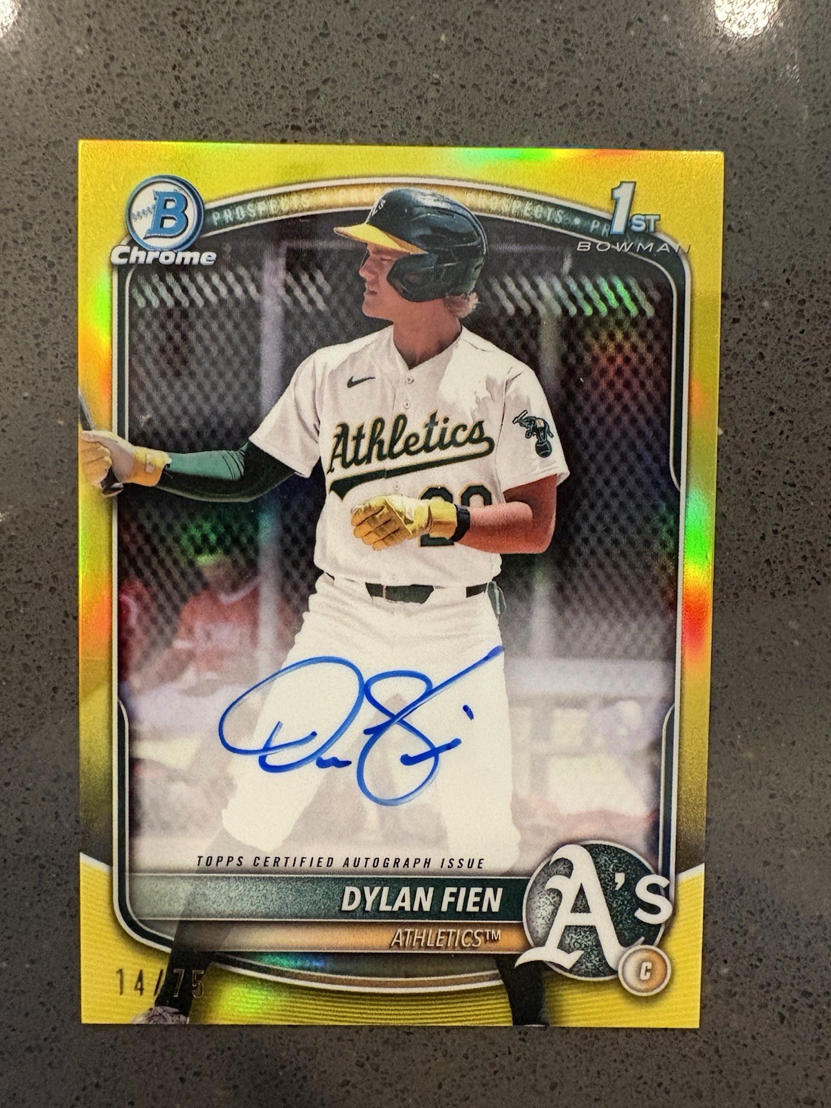 2025 Bowman Chrome Prospect Yellow Refractor /75 Dylan Fien 1st Auto Color Match