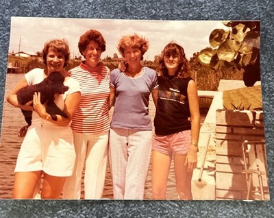 FOUND VINTAGE PHOTO PICTURE Women Group Snapshot Holding A Black Dog