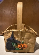Mini Halloween Basket Vintage Brown Handled Basket Scary Witch & Pumpkin Accent