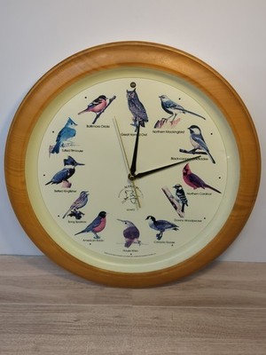 VINTAGE National Audubon Society Singing Bird Clock 13'' Oak Frame TESTED Works!