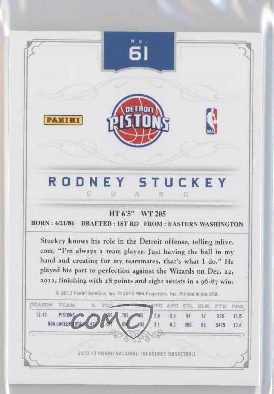 2012-13 Panini National Treasures /99 Rodney Stuckey #61 - Image 2 of 2