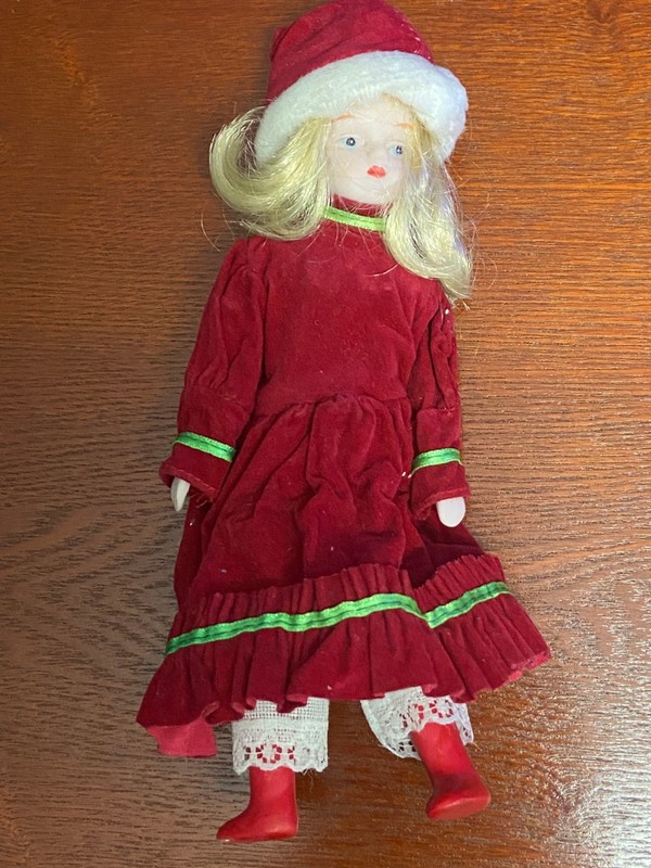 Vintage Porcelain Christmas Doll Red Dress Santa Hat Holiday Decor 1980s 1990s C