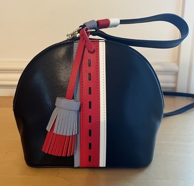 Bafelli Italian Leather Crossbody Bag with Tassel , Black with red, white, blue