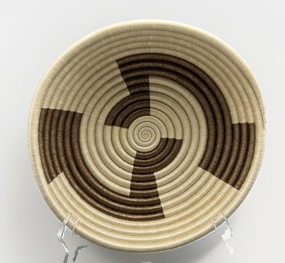 Handwoven Coiled Basket 12'' Brown Beige Geometric Boho Wall Bowl Woven Decor