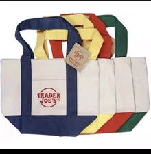 Trader Joes Set Of 4 Mini Canvas Tote Bags Red, Yellow, Green, and Blue