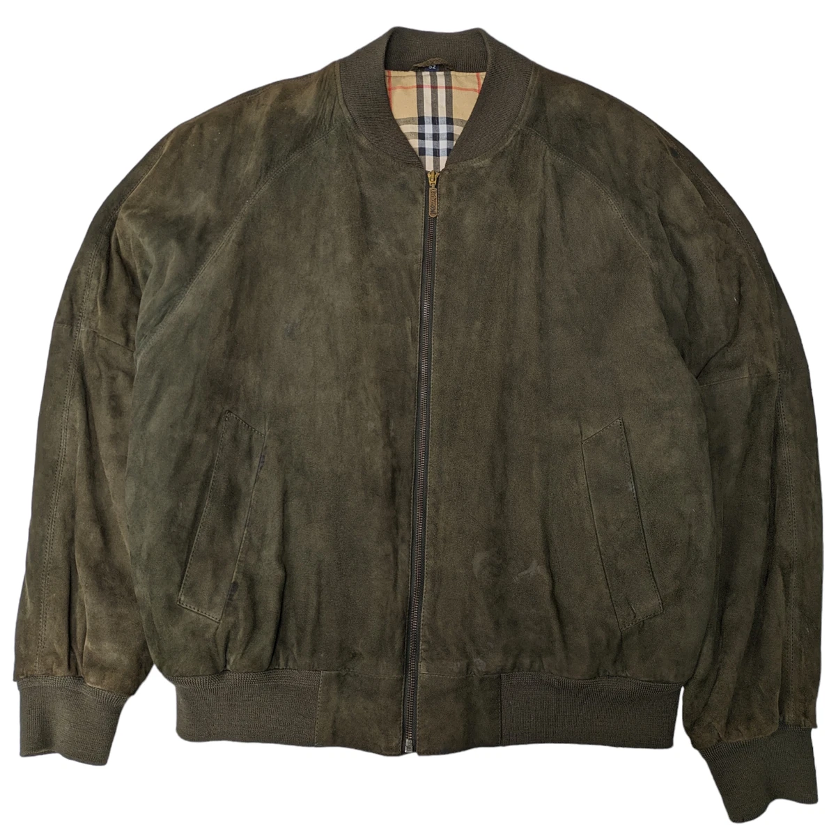 80s Burberry Suede Bomber Jacket In Green Size XL 90s Nova Check
