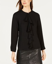 Nine West Ruffle Front blouse Black Long Sleeved  pearl button size L UK 14