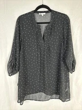 DR2 Top Blouse Women Size M Black Polka Dot 3/4 Roll Tab Sleeve Sheer
