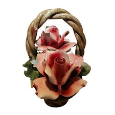 Nuova Capodimonte Porcelain Flower Basket Large 12" Pink Roses Italy REPAIRED
