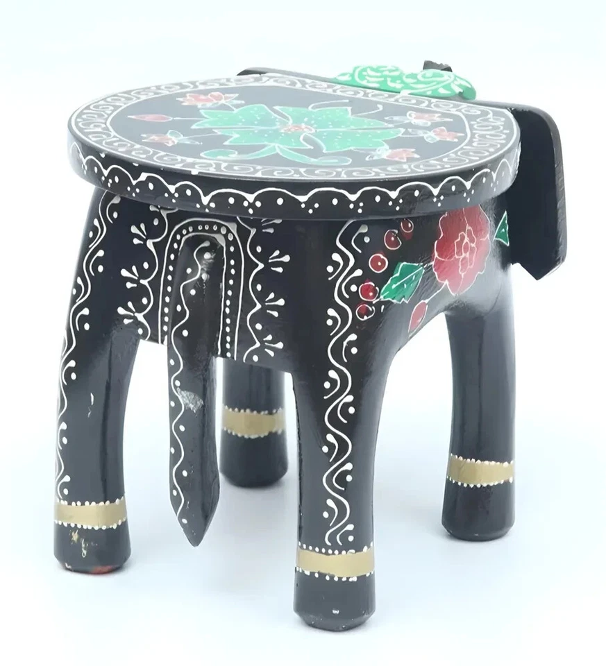 Indian Handmade Wooden Elephant Shape Black Multi Decor Side Table Statue Table - Image 3 of 4