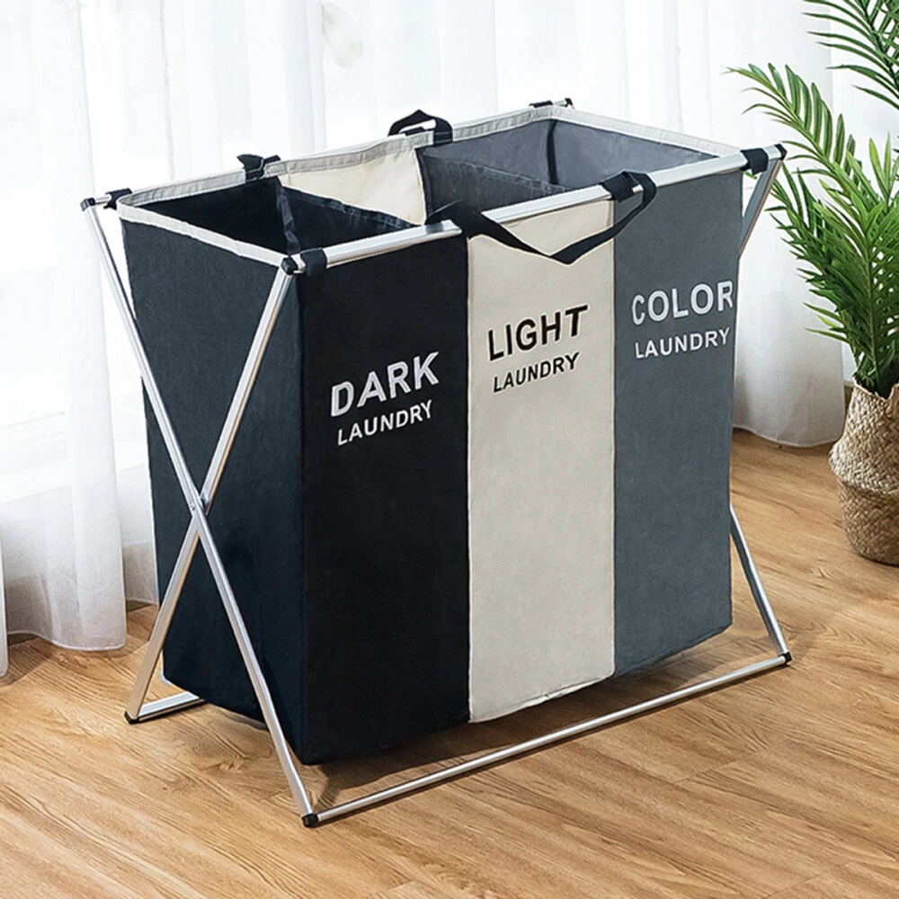 Large 3 Section Laundry Basket Washing Clothes Bag Hamper Folding Organiser Rack