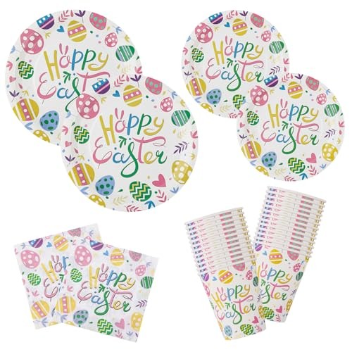 Easter Party Decorations Set for 24-Disposable Paper Plates and Napkins, Cups