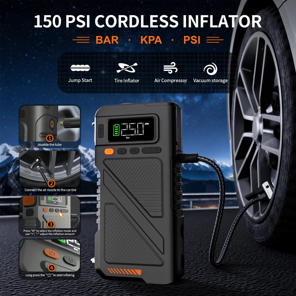 Geeneu 9000A Jump Starter with Air Inflator Deflator Compressor 9-in-1 Portable - Image 3 of 4