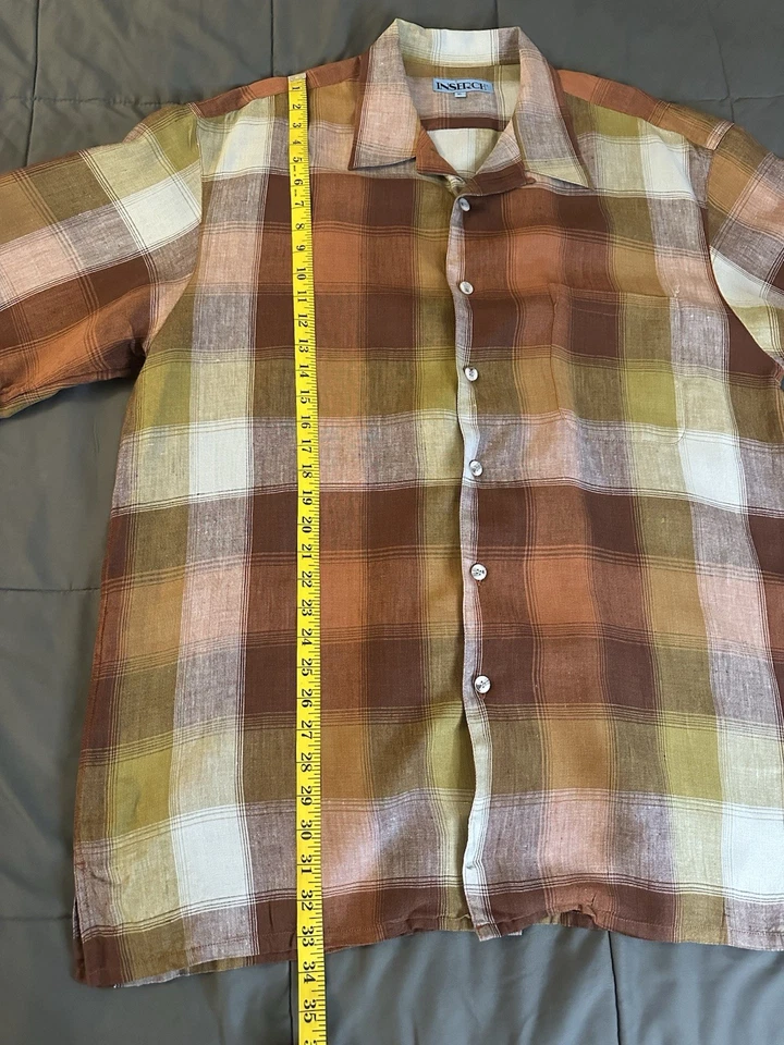 Linen Shirt Men XL Brown Check Short Sleeve Collared Button Up Inserch - Image 4 of 4