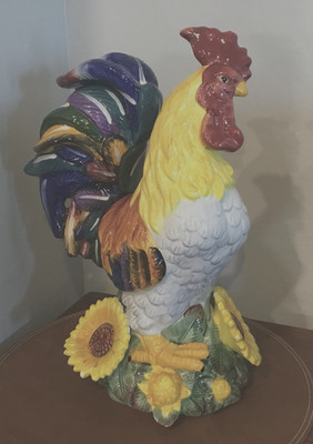 Bright & bold colorful 15'' tall ceramic Rooster Statue w/ sunflowers, Cheerful !
