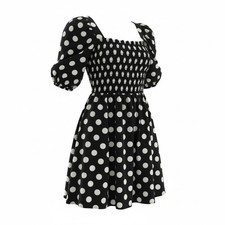 Target USA Women's Swing Dress Mixed Print, Puff Sleeve, Tassel Tie, Size L