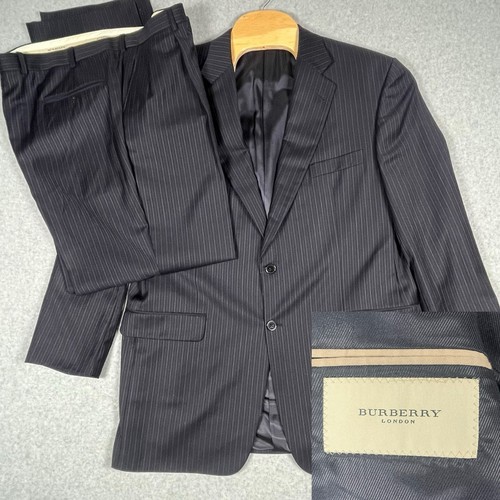 Burberry Men 2 Button Suit 44L Navy Blue Pinstripe Kensington 100% Wool See Pics