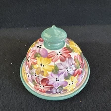 Hand painted Pottery Covered Butter Cheese Dish Round 5.5 WFestive Colorful New