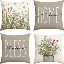 Spring Wildflowers Home Sweet Home Throw Pillow Covers, 18X18 Inch Seasonal Cush