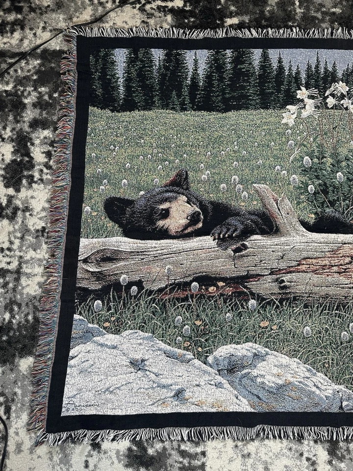 Manta vintage tapiz flecos osos negros bordada naturaleza 49x69 Foto 3 de 4