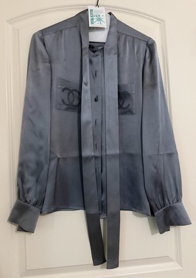 Vintage Chanel Creations Blouse Silk CC Logo Pockets Long Sleeves Bowtie Womens