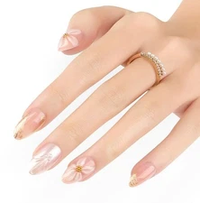 3D Press on Nails Short Almond with Flower Design, Pearl White Shell Press on...