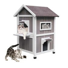 Outdoor Cat House, 2 Story Outdoor Houses for Feral Cats Wooden Outside Cat S...