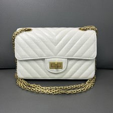 Chanel 2.55 White & Gold Chevron Quilted Chain Shoulder Crossbody Designer Bag