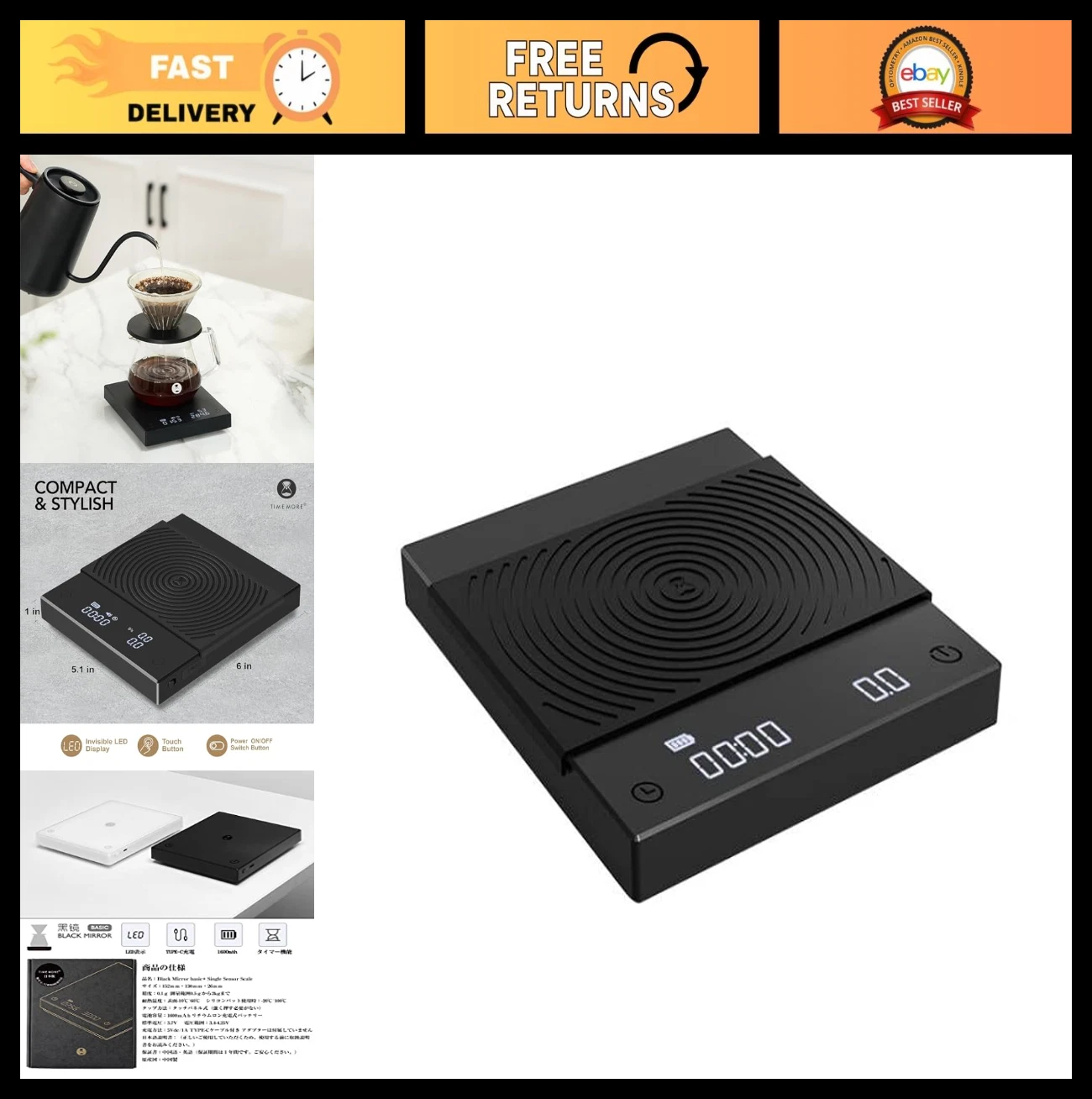 Digital Coffee Scale with Auto Timer & Flow Rate - 2kg/0.1g Precision, Portable