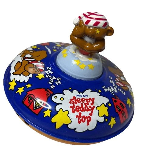 Vtg Ohio Art Sleepy Teddy Toy Spinning Top  Metal Red Blue Retro Tin Litho 1960s
