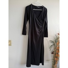 Soft Surroundings Black Faux Wrap Ruched Midi Dress Petite Small Long Sleeve