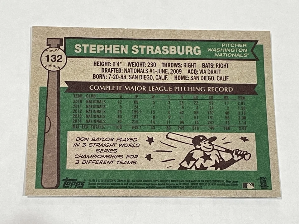 2015 Topps Archives Baseball #132 - Stephen Strasburg - Washington Nationals - Image 2 of 2