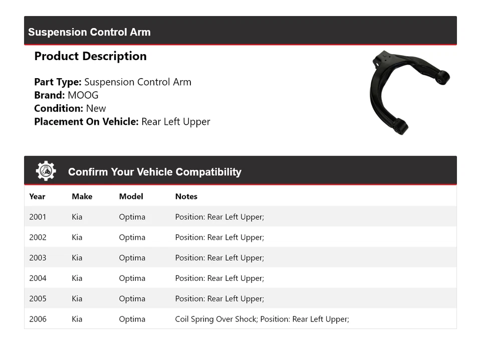 Braço de controle de suspensão traseiro esquerdo superior MOOG 2001 2002 para 2001-2006 Kia Optima - Imagem 2 de 3