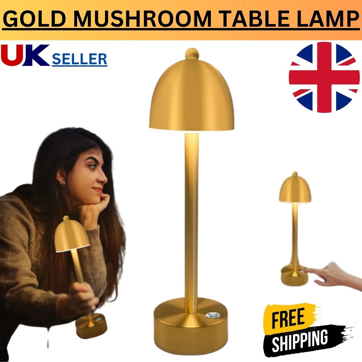 Gold Mushroom Battery Operated Cordless Table Lamp 3 Way Dimmable Touch Sensor