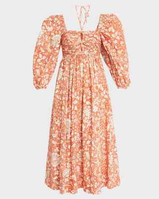 NEW, Ulla Johnson Alessa Midi Dress Cut Out Ruch Puff Sleeve Dress 12 #DD374