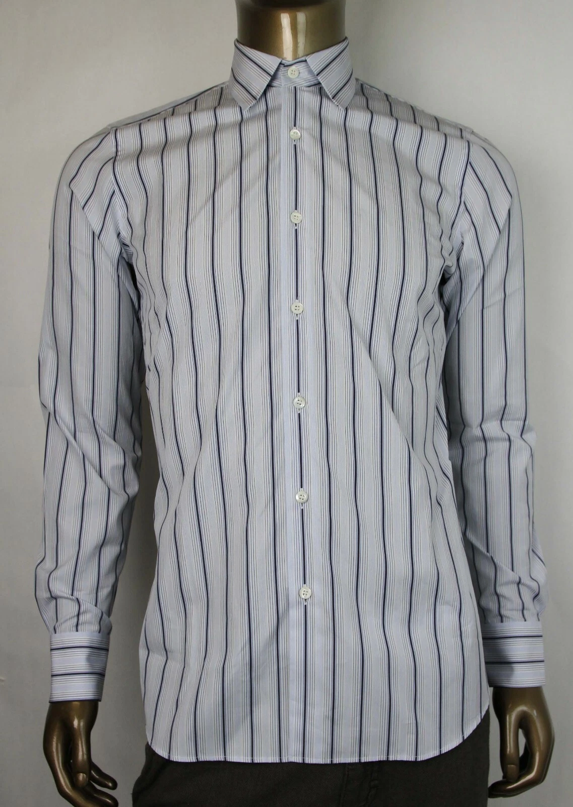 Camicia abito Prada uomo blu bianco cotone a righe bottoni 38 15 UCM608 azzurro