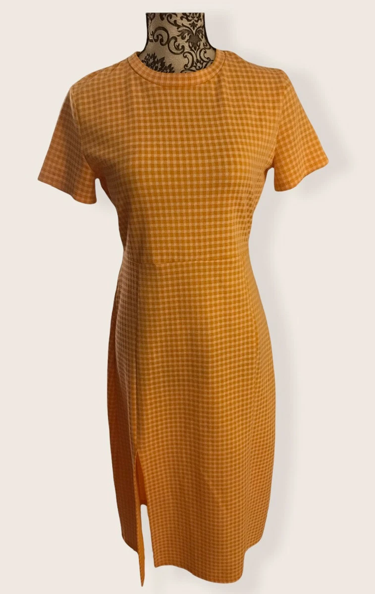 zara pencil dress L peach and white check short sleeves