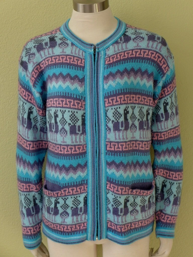 Handcrafted Artisan Alpaca Wool Full Zip LLAMA Sweater w/Pockets Bolivia  Fits S | eBay