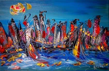 CITYSCAPE  by  Mark Kazav   Abstract Modern Original Oil Painting POP art