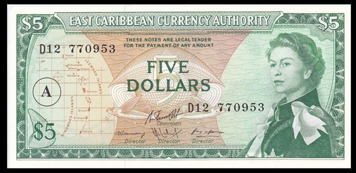 EAST CARIBBEAN 5 Dollars 1965 P14i Elizabeth II - UNC Pair 770953-770954 Ovpt A - Picture 2 of 12